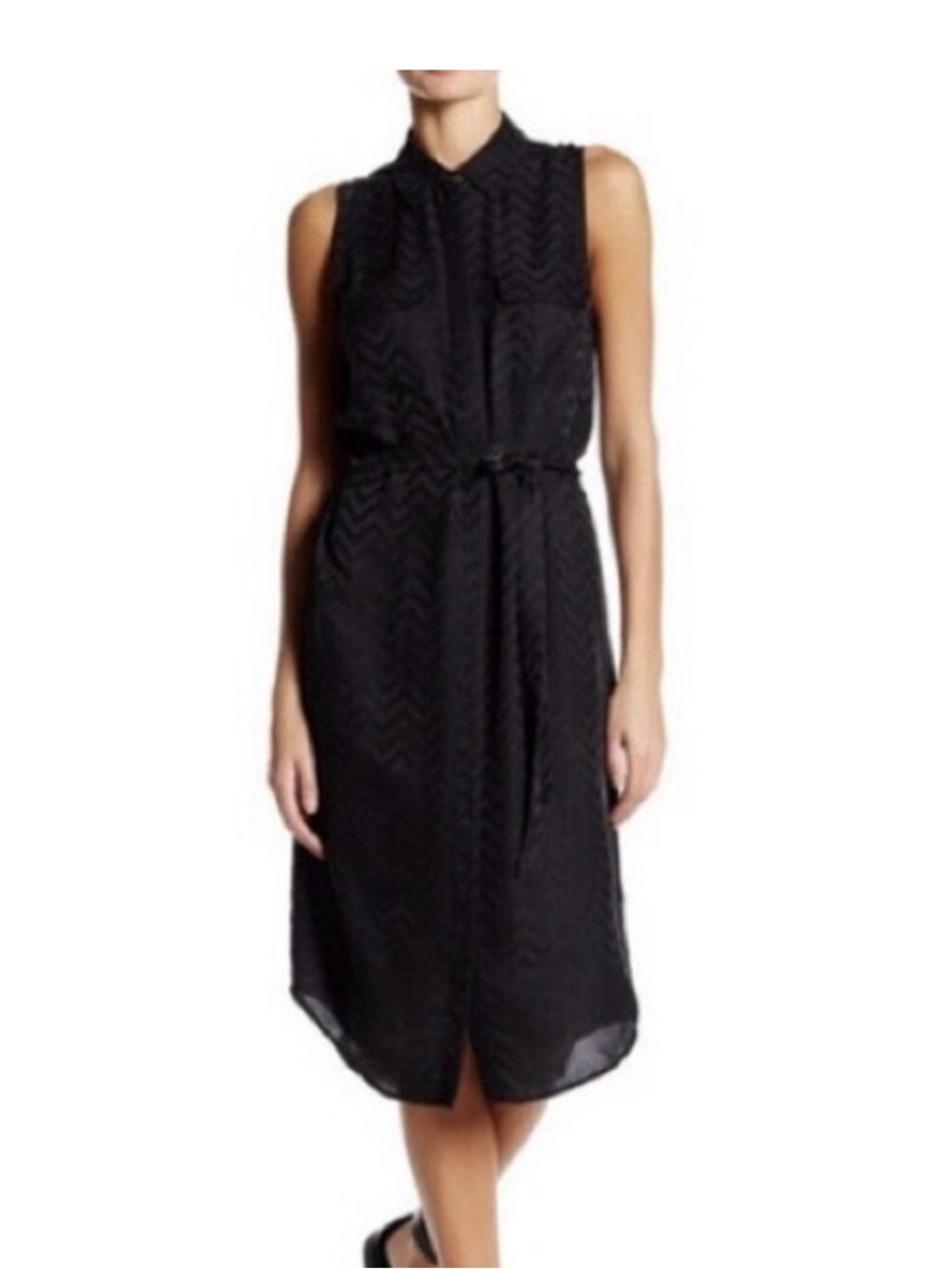 Equipment 100% Silk black dress, INCLUDES BELT! buttons chevron Shirtdress luxe